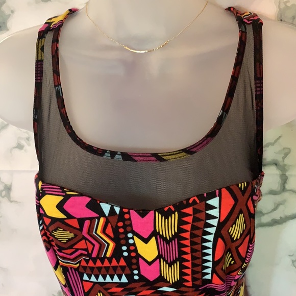 L Xhilaration Multi Color Geo Abstract Print Mesh Inlay Dress - Picture 5 of 14